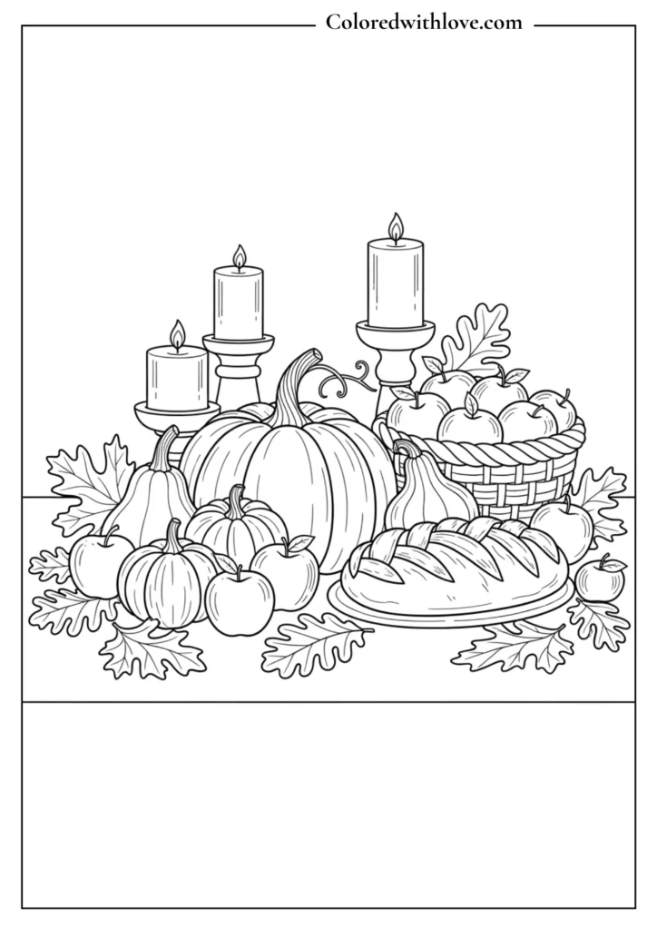 thanksgiving fall coloring page with harvest table, pumpkins, apples, bread, and candles