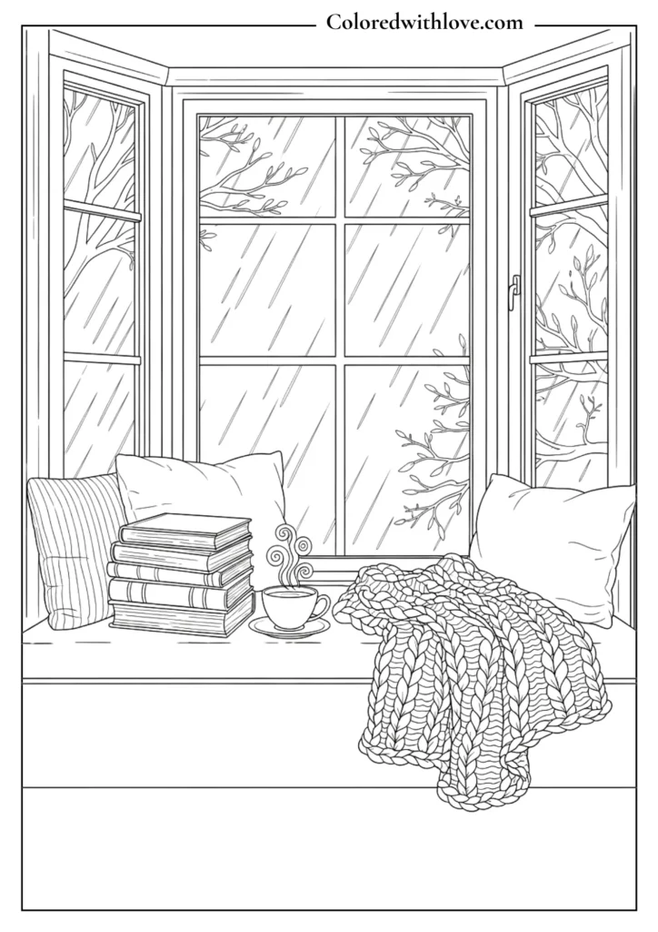Interior design coloring page of a cozy reading nook with books, tea, and rain outside the window.