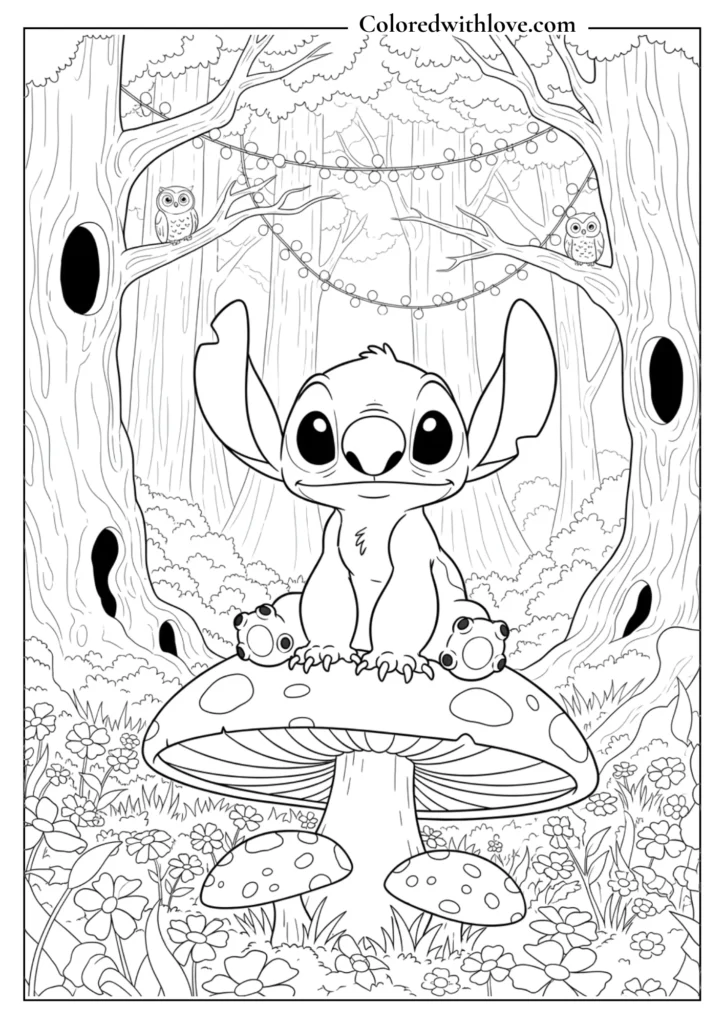 stitch coloring page sitting on a mushroom in an enchanted forest with trees and owls