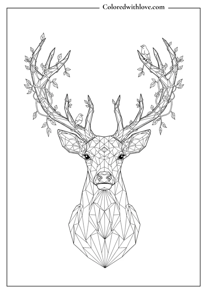 Geometric stag head coloring page combining realistic fur texture and low-poly crystal shapes.