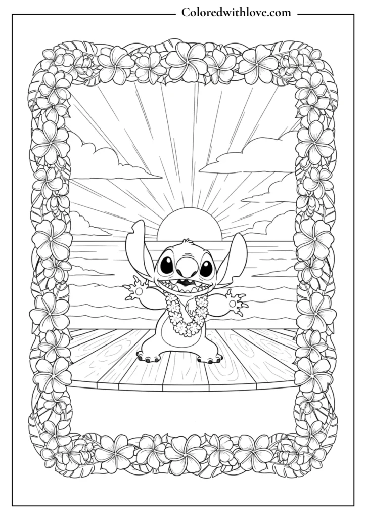stitch coloring page dancing hula on a tropical stage with flowers and sunset