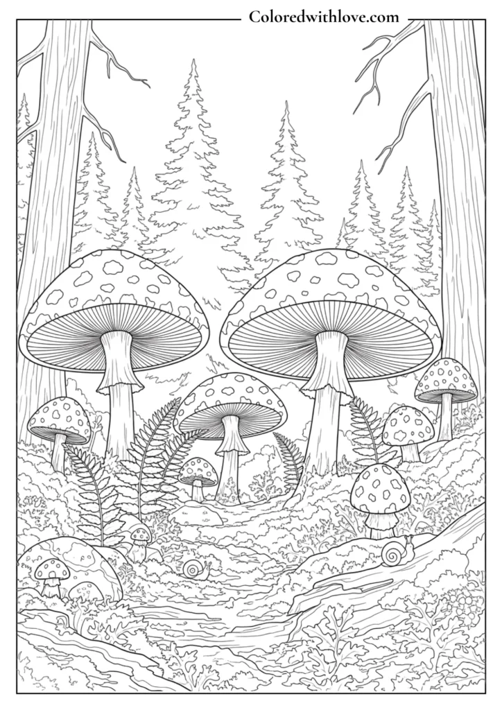 Fantasy mushroom forest floor coloring sheet featuring giant spotted mushrooms, ferns, and tiny snails.