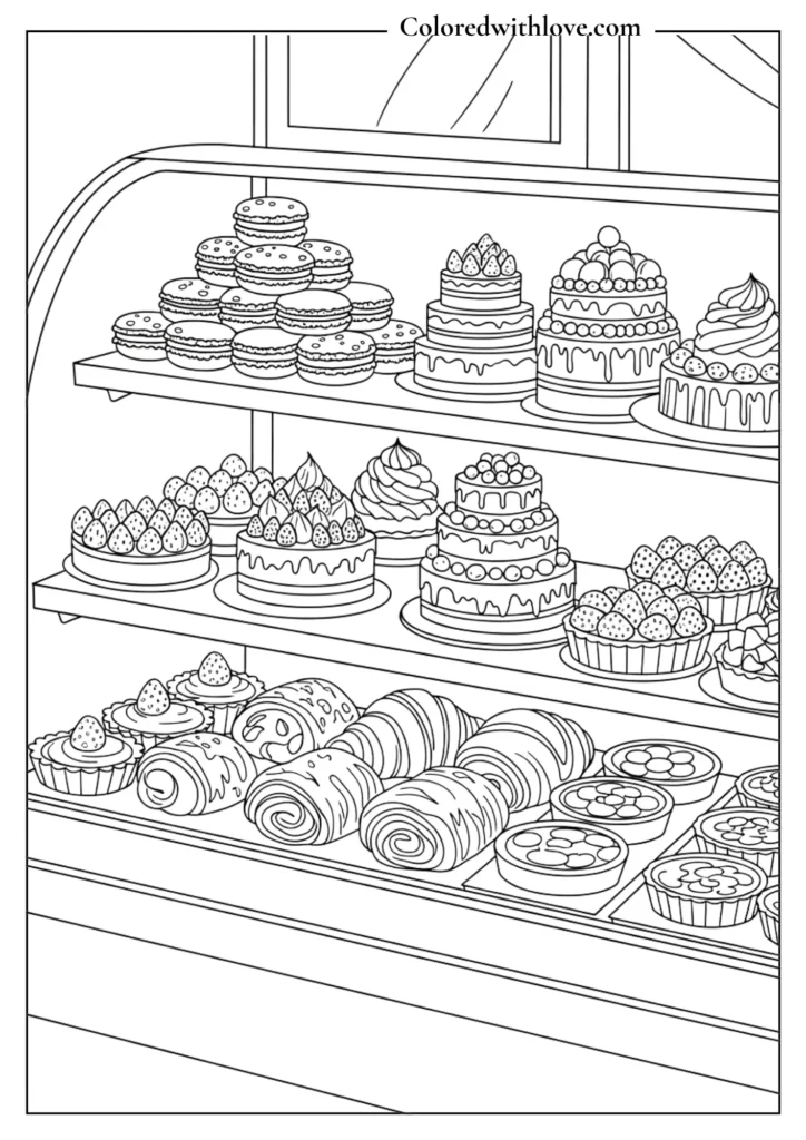 French patisserie display case coloring page with detailed macarons, tiered cakes, and croissants.