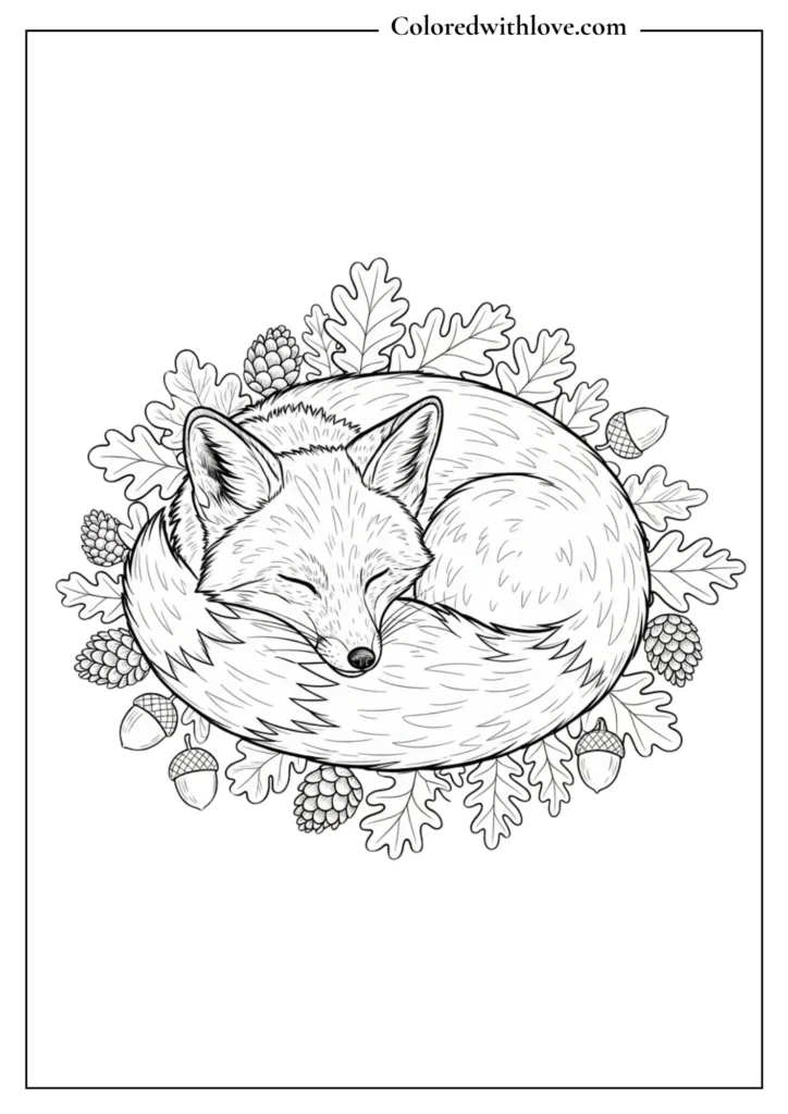 Cozy sleeping fox curled up on autumn leaves and acorns, cute woodland animal coloring page.