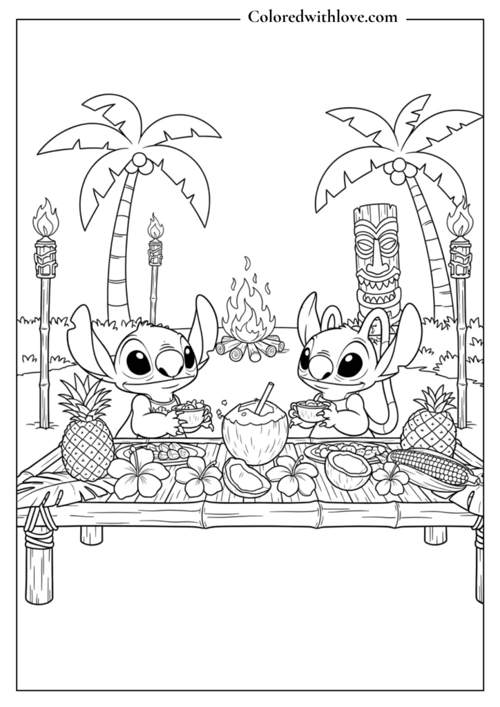 stitch coloring page enjoying a tropical luau feast with palm trees and tiki torches