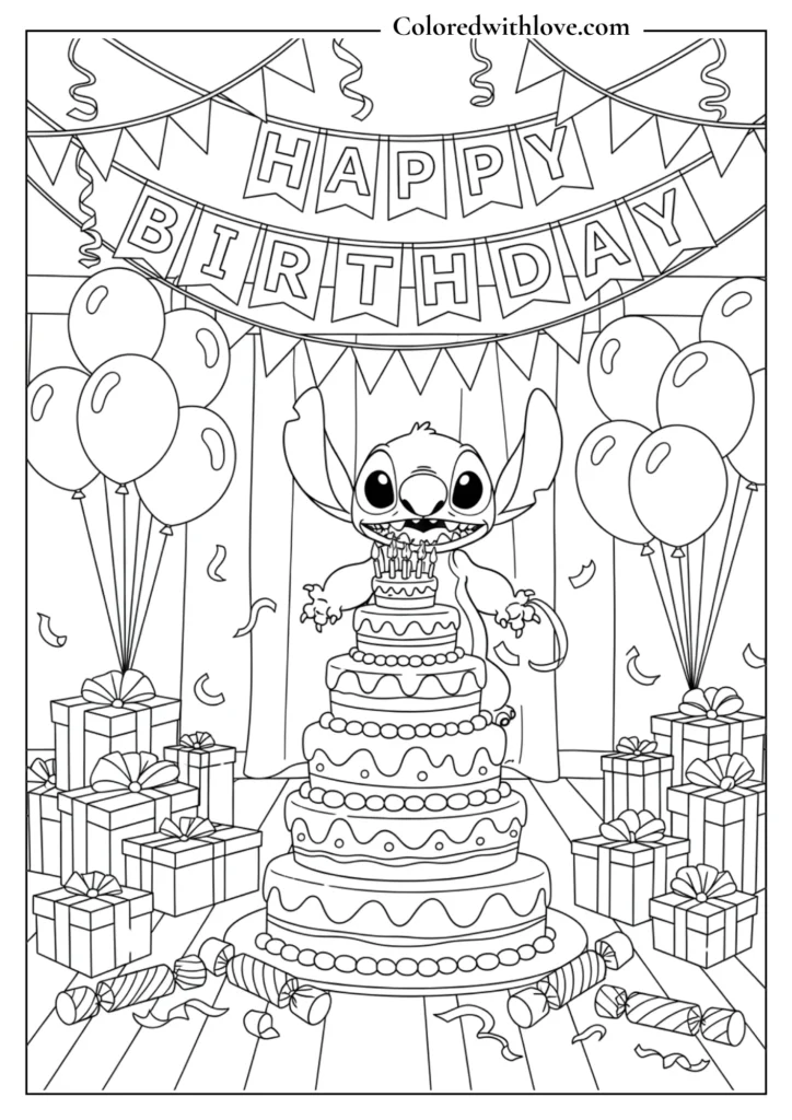 stitch coloring page celebrating a birthday with a large cake balloons and wrapped gifts