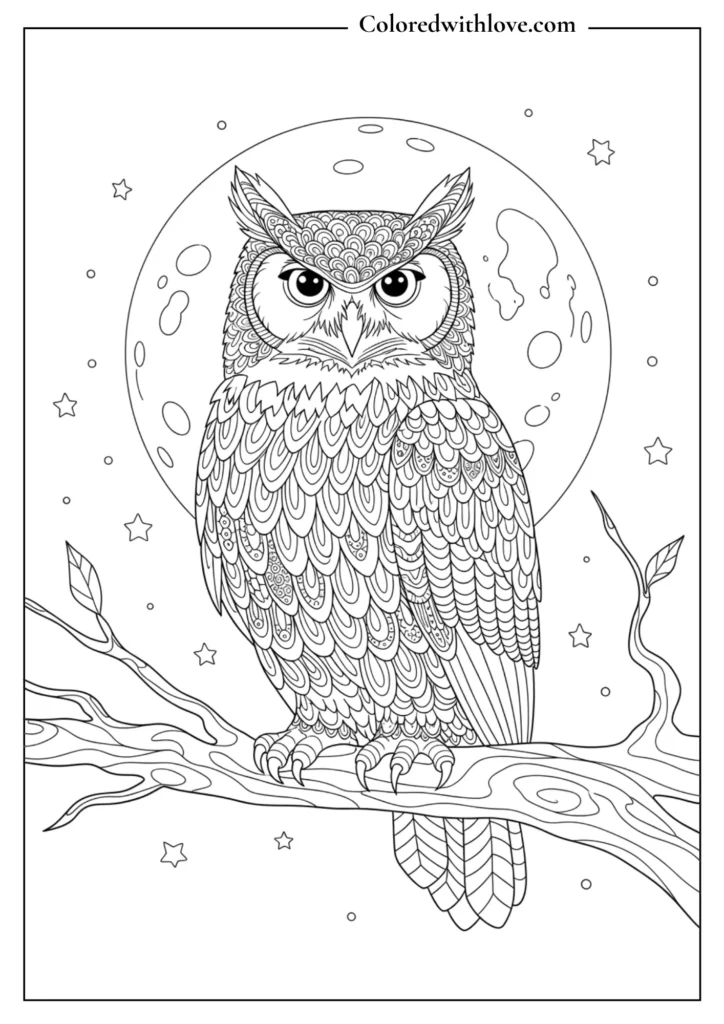 Great Horned Owl with zentangle feather patterns perched on a branch, printable coloring sheet for adults.