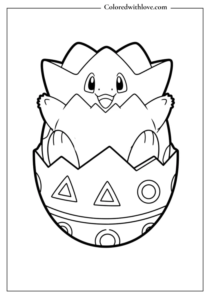 Togepi coloring page - happy Togepi in egg shell with geometric patterns, free printable