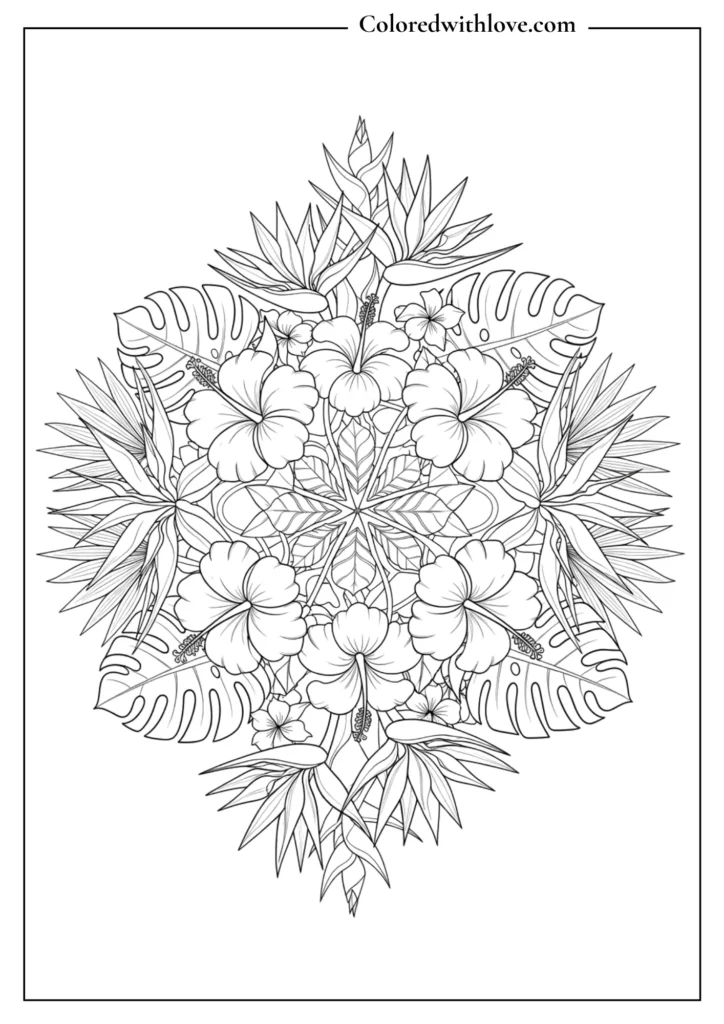 Symmetrical tropical floral mandala coloring page with hibiscus flowers and monstera leaves.