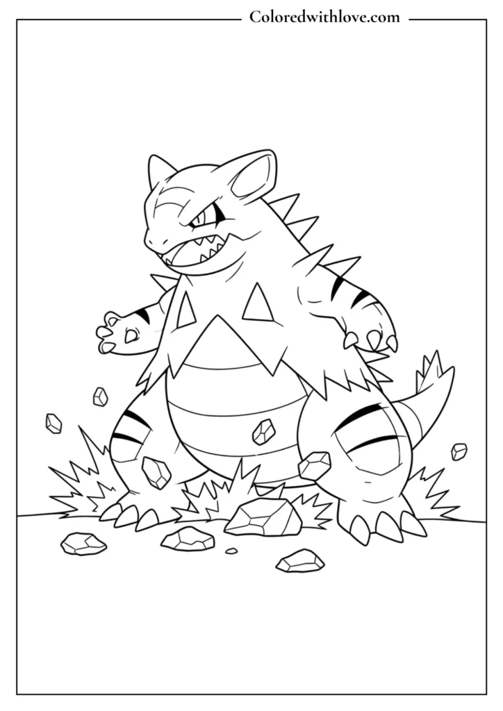 Tyranitar coloring page - fierce Tyranitar stomping ground with rock details, action Pokémon printable