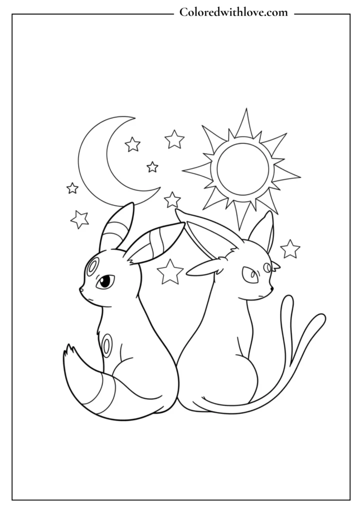 Umbreon and Espeon coloring page - duo of dark and psychic Eeveelutions sitting back-to-back printable