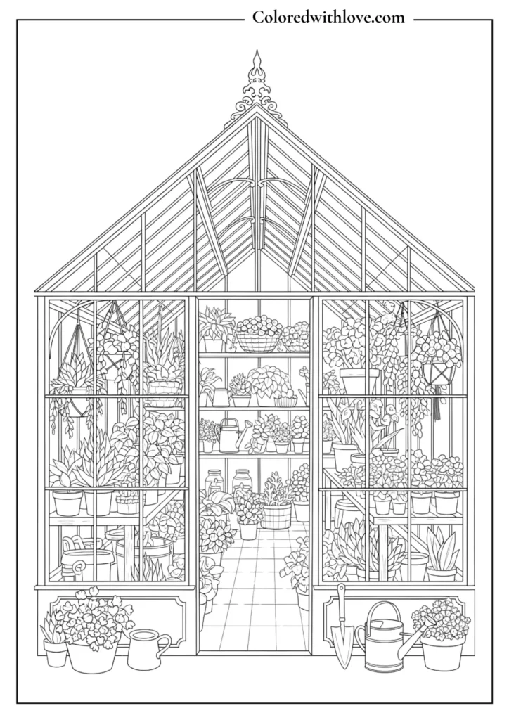 Victorian glass greenhouse interior line art with potted plants, hanging baskets, and gardening tools.