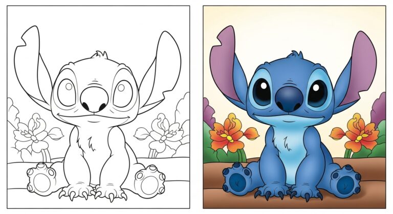 stitch coloring page featuring stitch sitting with flowers in the background