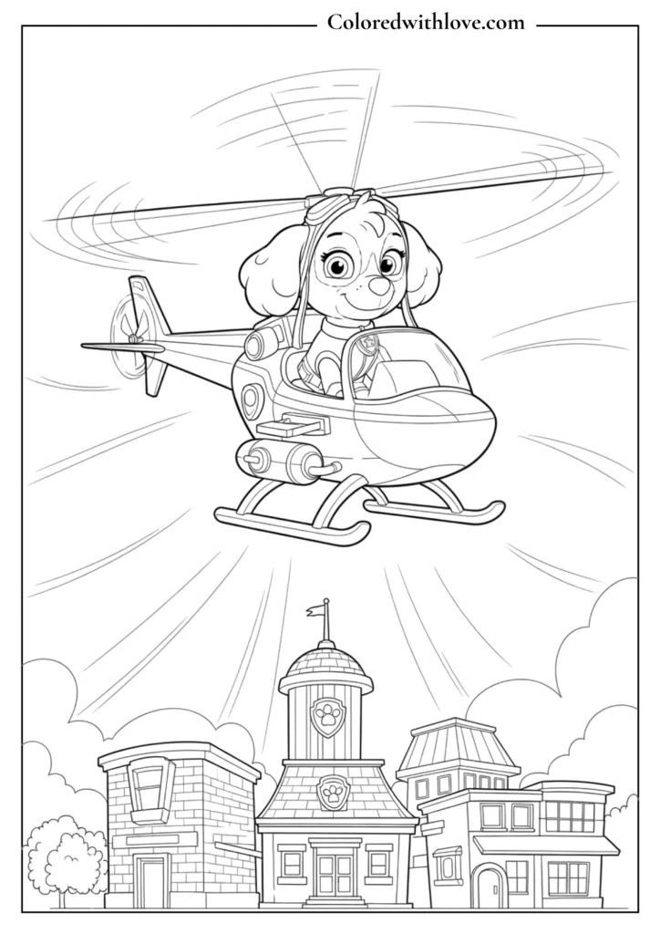 Paw Patrol Skye flying over the city coloring page