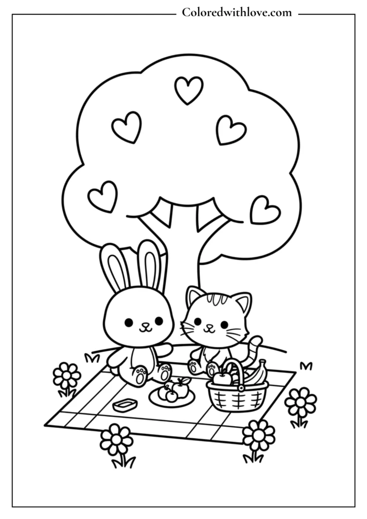 Bunny and kitten enjoying a picnic under a tree with fruits and flowers, coloring page.