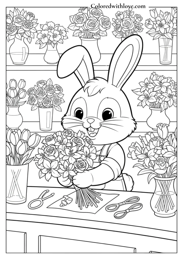 Bunny florist arranging flowers inside a cute flower shop, outlined coloring page.