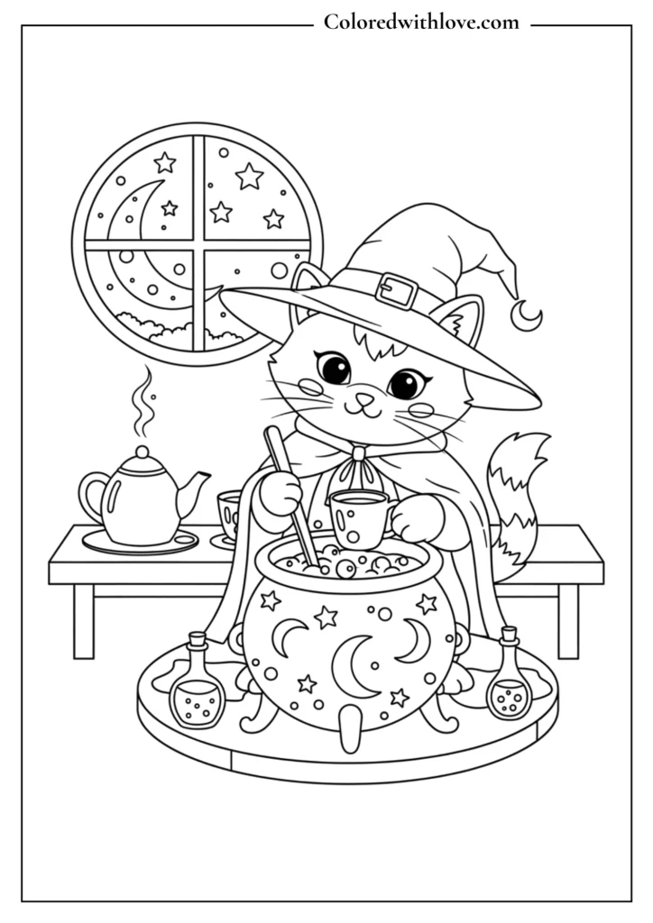 Cute cat witch brewing tea in a magical kitchen, cozy Halloween-style coloring page.