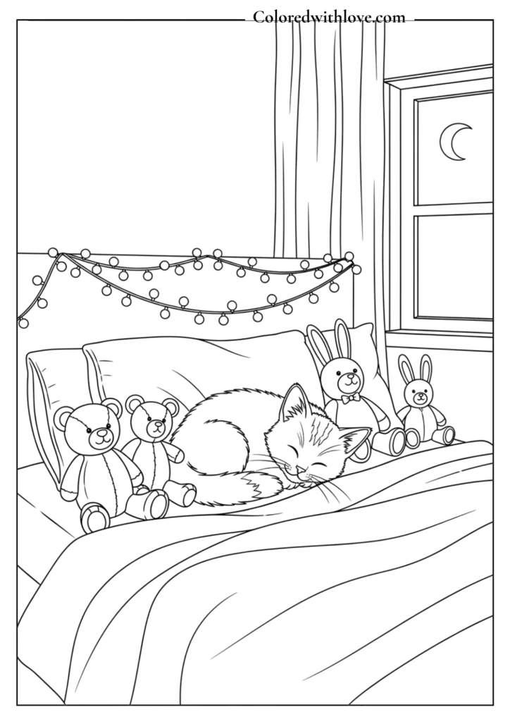 Sleepy kitten resting on a pillow in a cozy bedroom with fairy lights, coloring page outline.