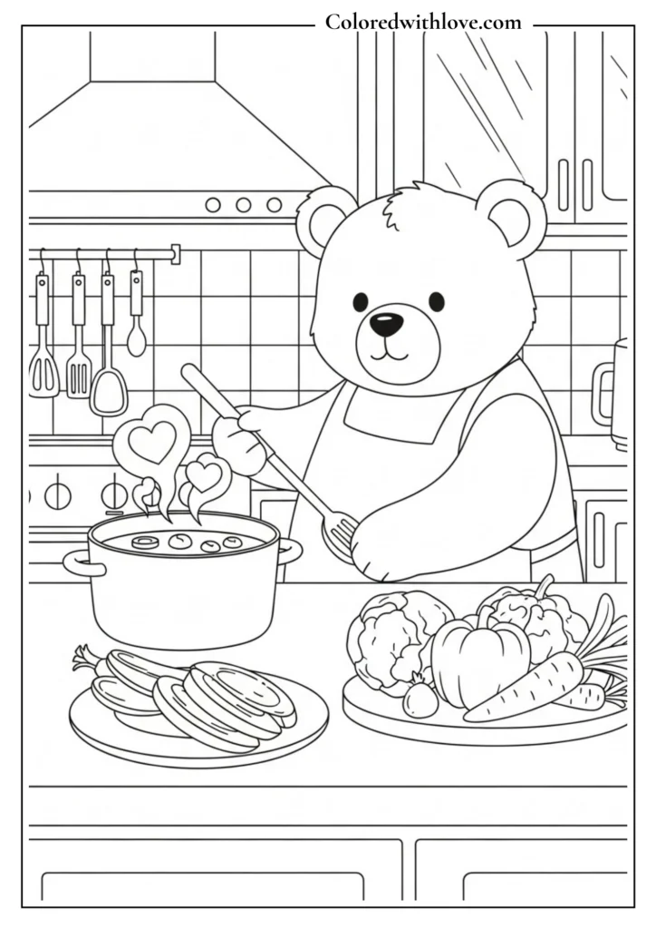 Bear cooking soup in a cozy kitchen with vegetables and steam hearts, coloring page.