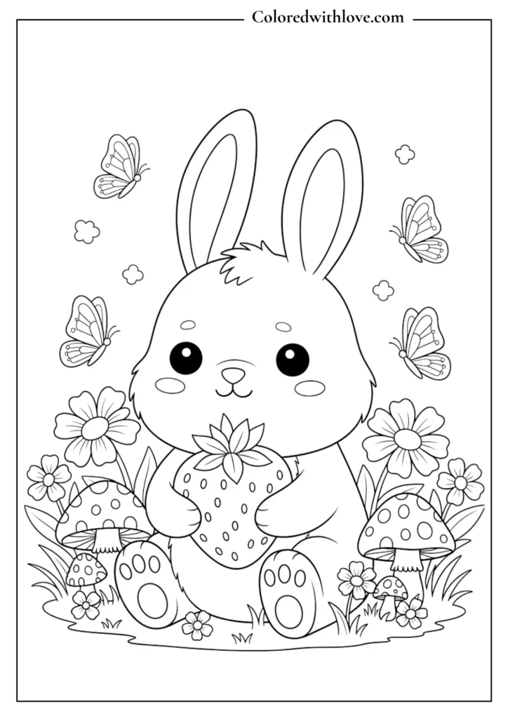 Cute bunny holding a strawberry in a flower meadow, cozy kawaii outlined coloring page.