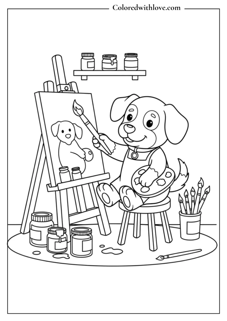 Cute dog artist painting on a canvas in a small studio, outlined coloring page.