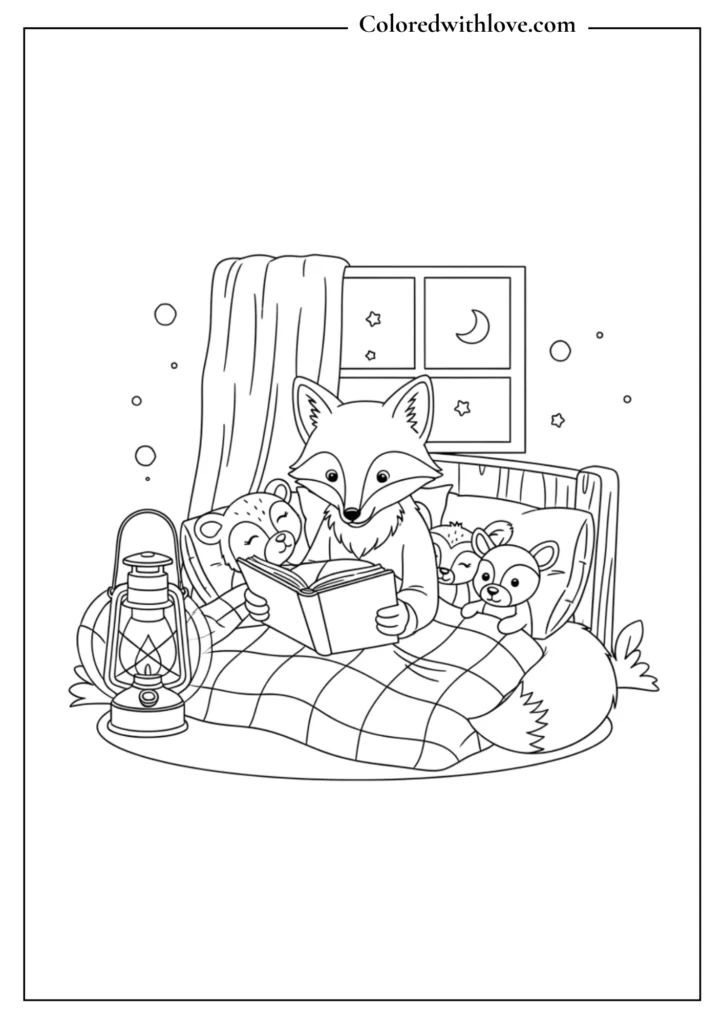 Fox reading bedtime stories to forest animals under blankets, cozy coloring page.