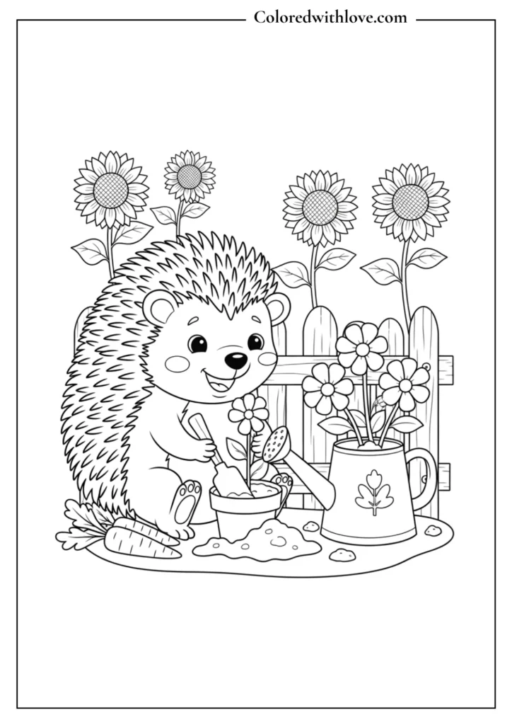Happy hedgehog gardening with flowers and vegetables, cozy outlined coloring page.