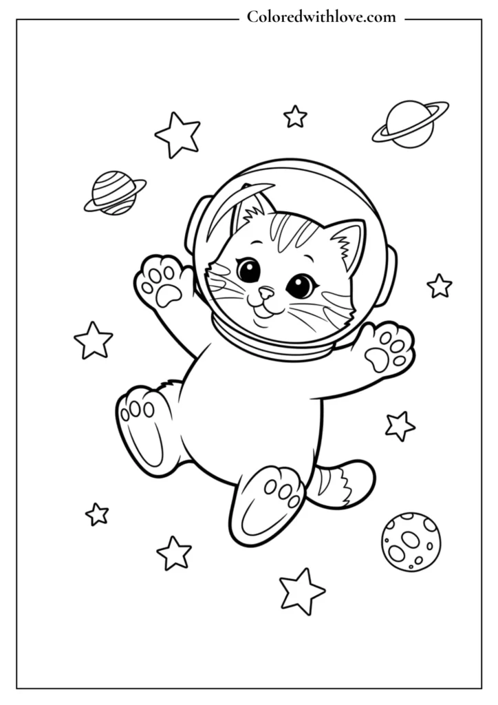 Kitten astronaut floating among stars and planets, cute space-themed coloring page.