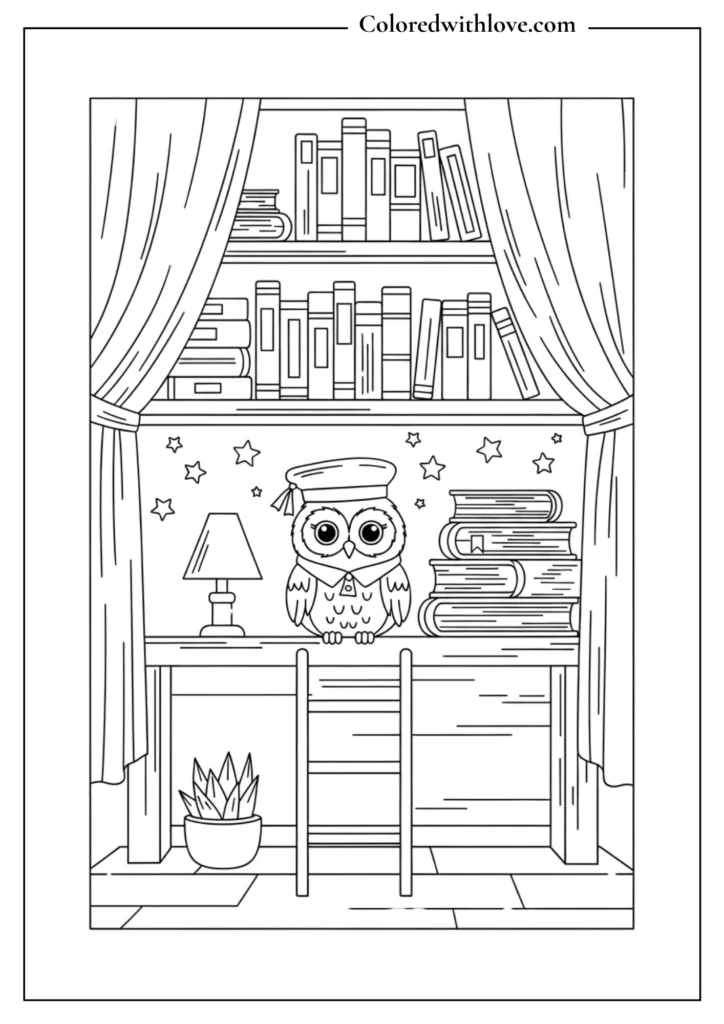 Tiny owl librarian in a magical library surrounded by books and stars, coloring page.