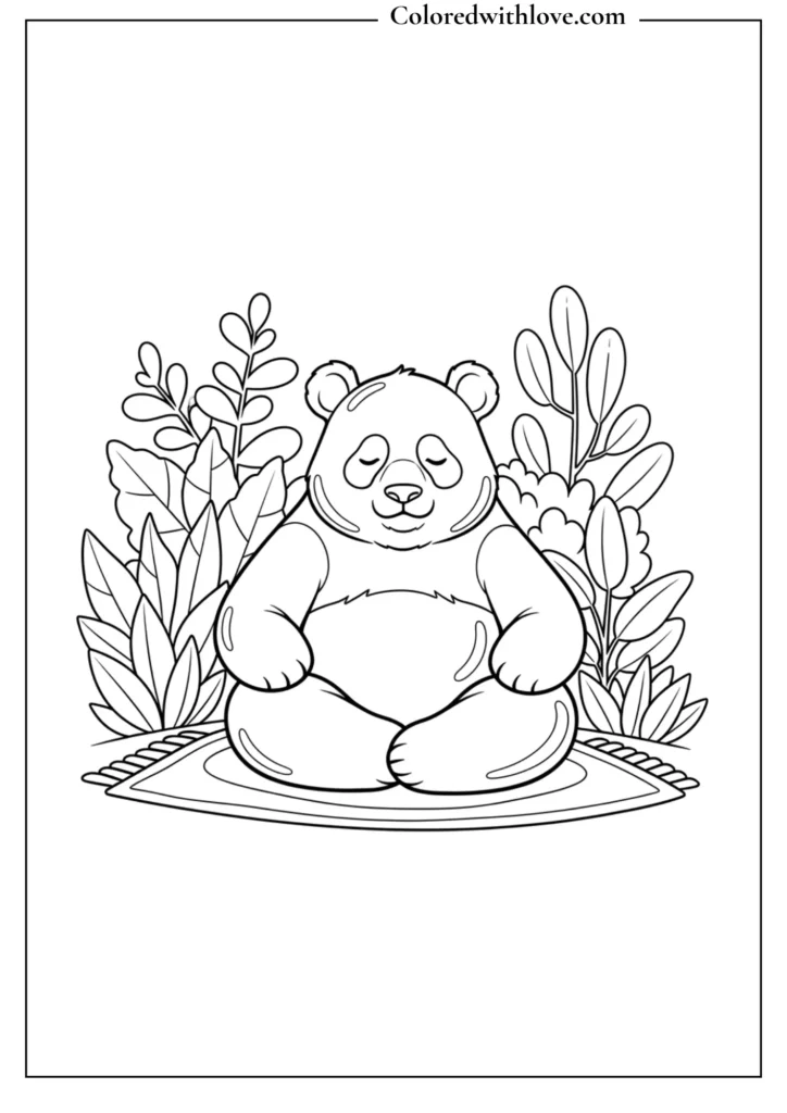 Panda doing yoga on a mat surrounded by plants, calm cozy coloring page.