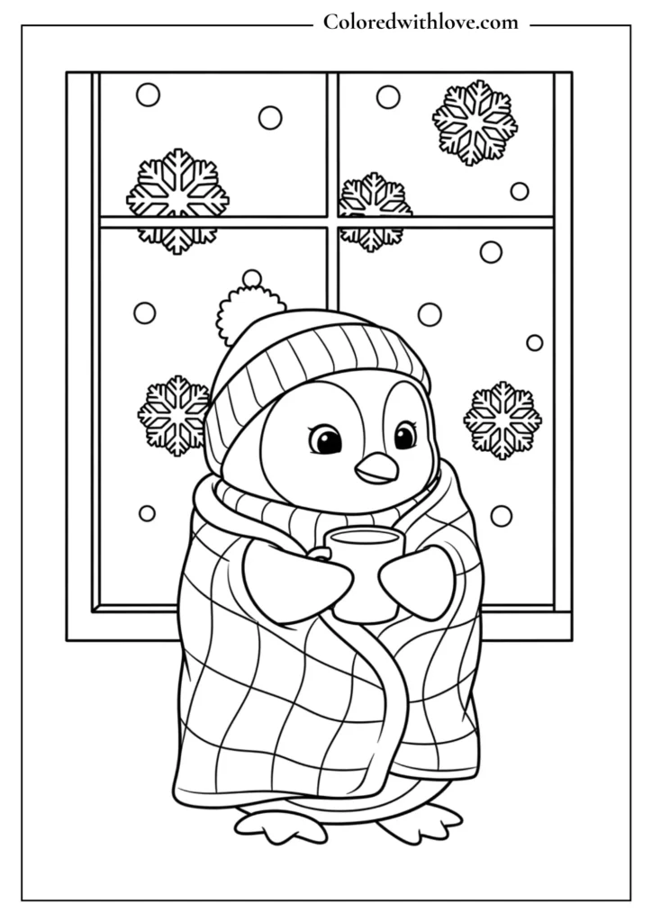 Penguin wrapped in a blanket watching snow through a window, winter cozy coloring page.
