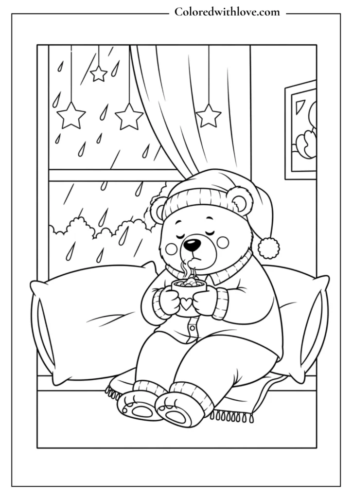 Sleepy bear in pajamas drinking hot cocoa by a rainy window, cozy black and white coloring page.