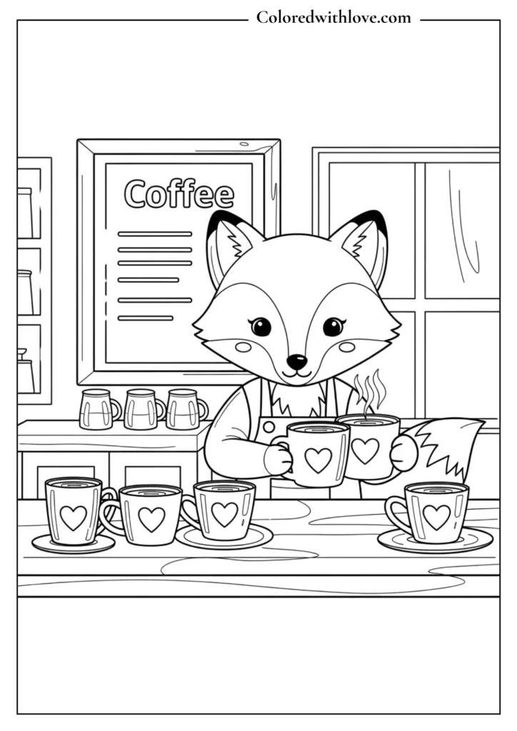 Fox barista serving coffee in a cozy café, cute black and white coloring page.