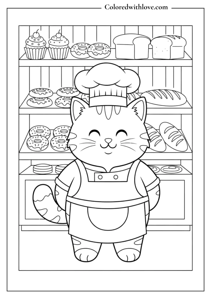 Smiling cat baker in a cozy bakery with cupcakes and pastries, outlined coloring page.