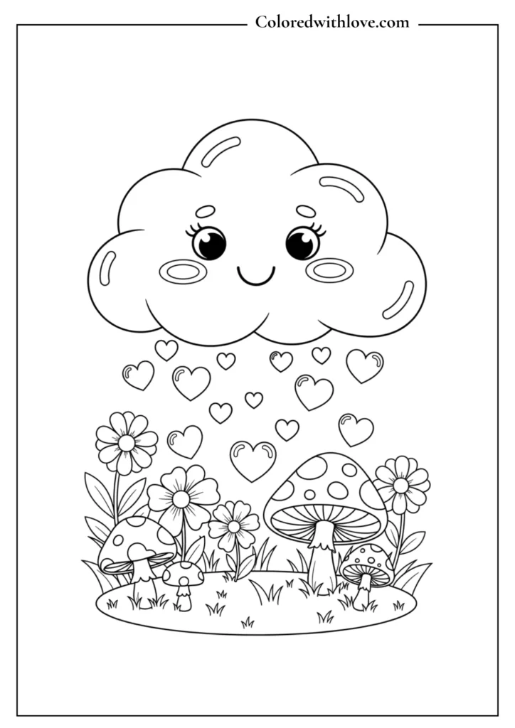Smiling cloud raining hearts over flowers and mushrooms, cute fantasy coloring page.