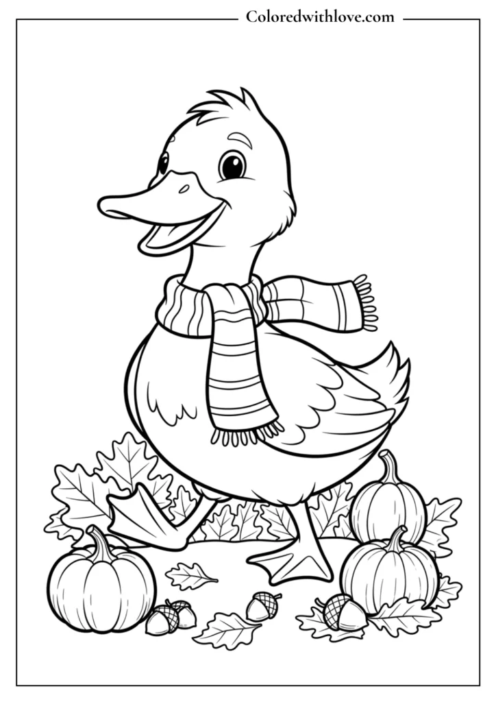 Smiling duck wearing a scarf walking through autumn leaves and pumpkins, coloring page.