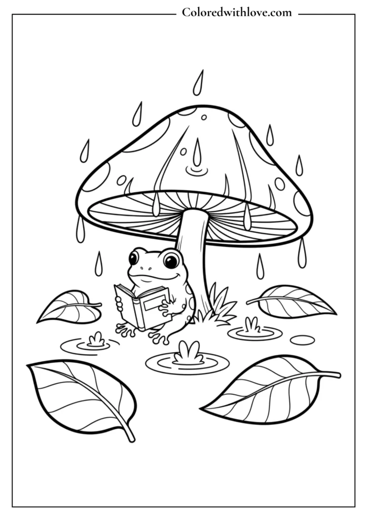 Tiny frog reading a book under a mushroom umbrella in the rain, cute forest coloring page.