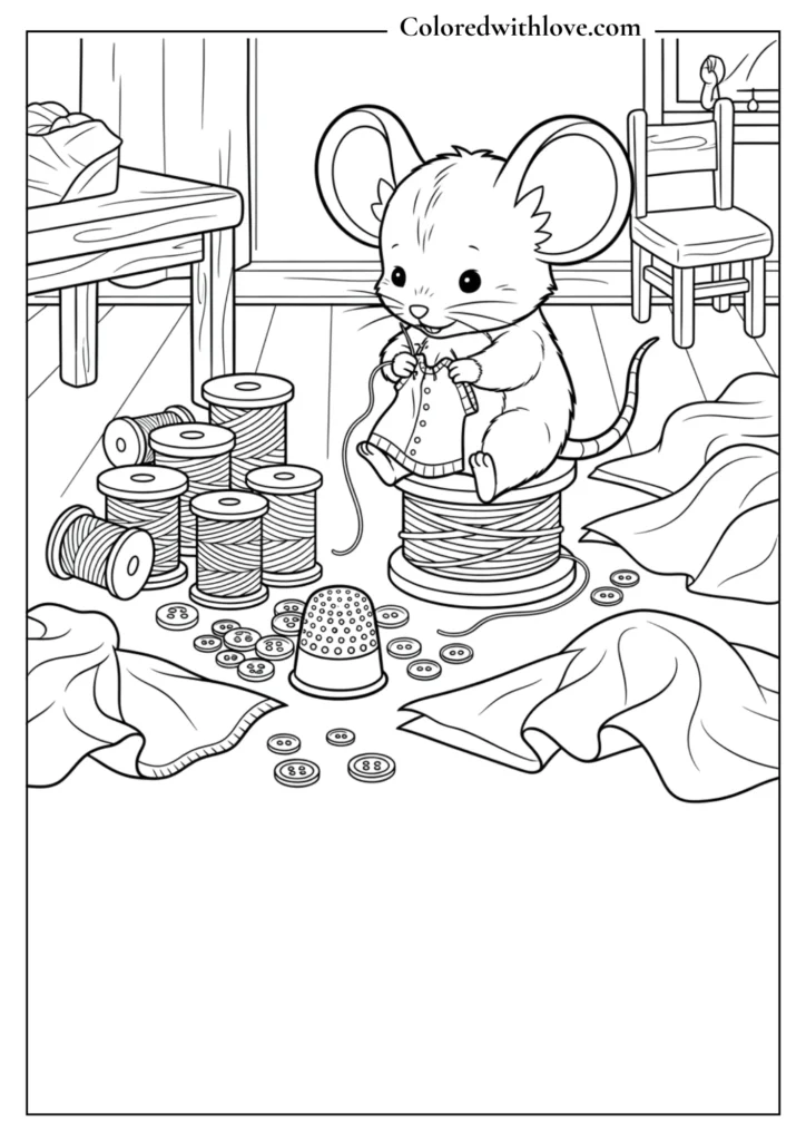 Tiny mouse sewing clothes with thread and buttons, cozy crafting coloring page.