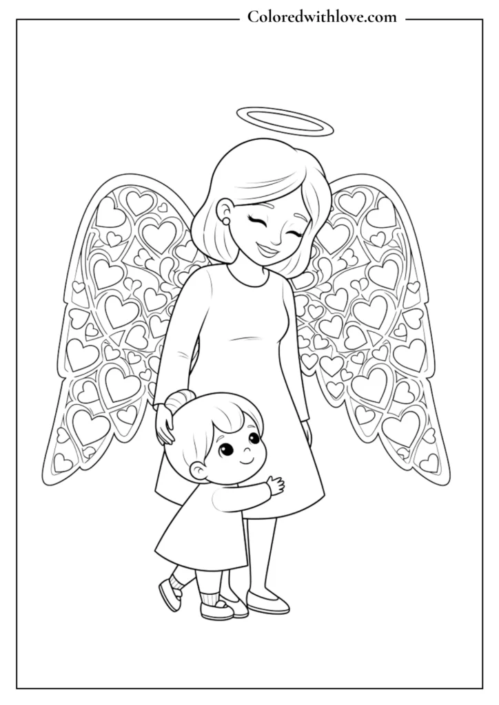 Mother’s Day coloring page of a mom with angel wings hugging her child, heart-filled black and white illustration
