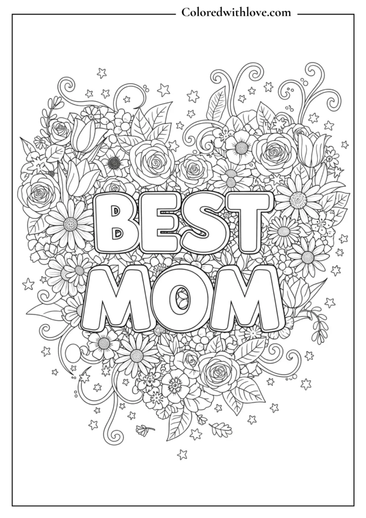 Detailed Mother’s Day coloring page with the words Best Mom surrounded by flowers and leaves, black and white floral design