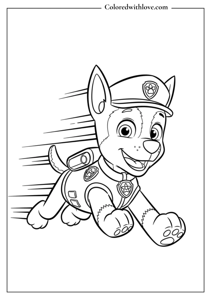 Paw Patrol Chase running fast in police uniform coloring page