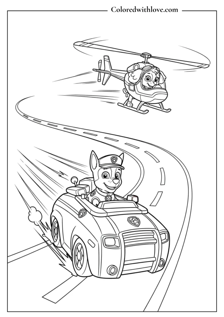 Paw Patrol Chase driving police car with helicopter above coloring page