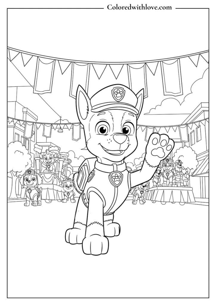 Chase from Paw Patrol helping organize a town parade Coloring Page