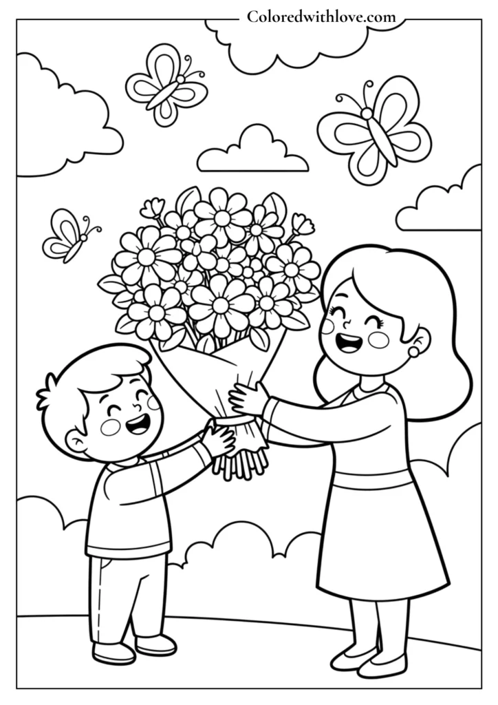 Cute Mother’s Day coloring page of a child giving a bouquet of flowers to their mom, butterflies and clouds in background