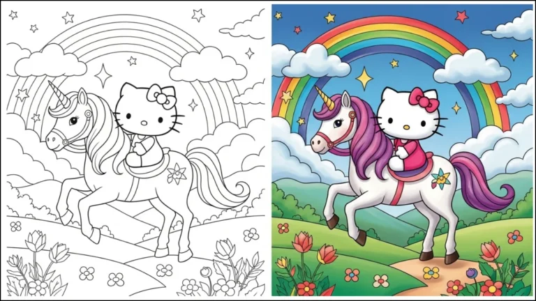 Hello Kitty riding a magical unicorn under a rainbow and clouds printable coloring page for kids.