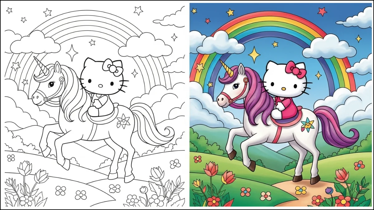 Hello Kitty riding a magical unicorn under a rainbow and clouds printable coloring page for kids.