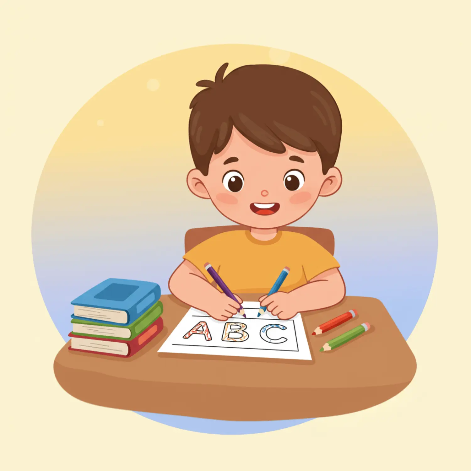 Young child practicing ABC letters with colored pencils on an alphabet learning worksheet