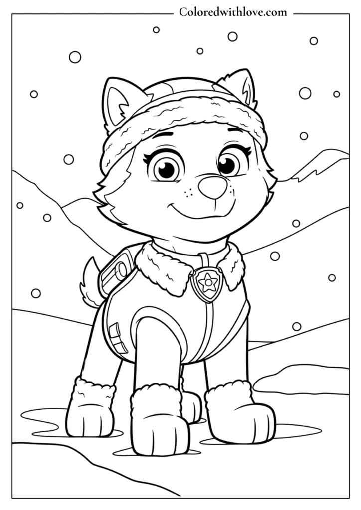 Paw Patrol Everest in winter outfit in snowy mountains coloring page