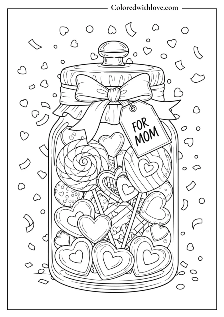 Mother’s Day coloring page showing a jar filled with heart-shaped candies and lollipops with a For Mom tag, outline illustration