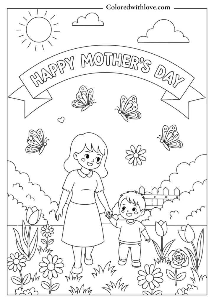 Mother’s Day coloring page showing a mom and child walking together in a garden under a Happy Mother’s Day banner